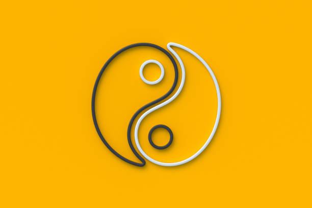 One yin yang sign on orange background. Balance and harmony symbol. Top view. 3d render