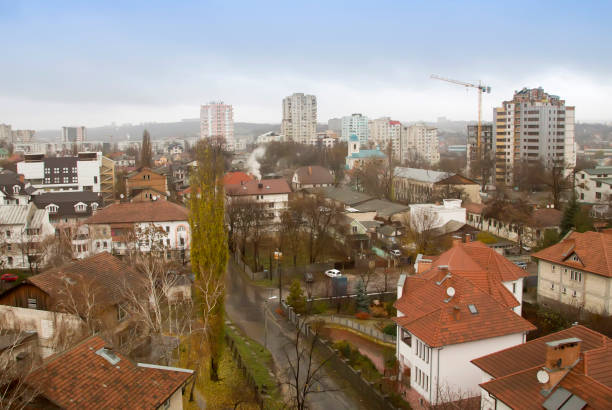 Newly built private houses and flats in downtown after rain
