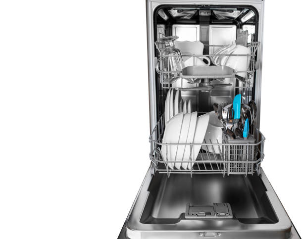 istock Dishwasher with clean dishes inside, isolated on a white background 2201274051