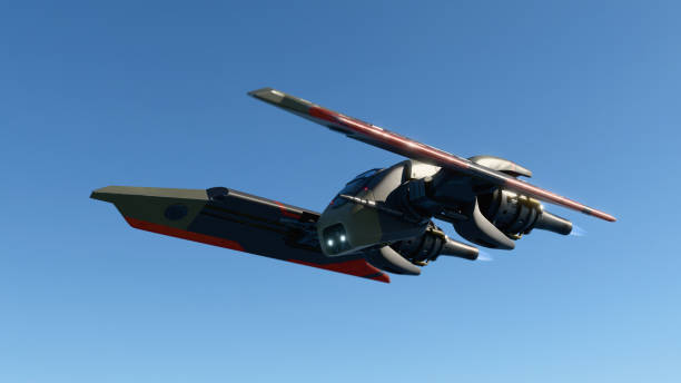 Concept art of single-pilot sci-fi military assault fighter spaceship, gunship with scratched metal gray green orange color paint, turbines, guns, flying on a mission high in the blue sky. 3d render.