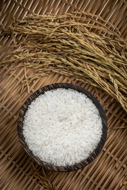 istock asian white rice grains in rustic setting display in Cambodia 2201277801