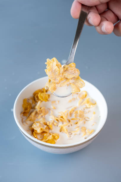 istock A spoon lifting a portion of crispy cornflakes soaked in milk from a bowl 2201279008