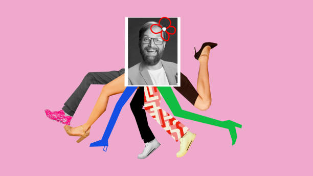 istock Surreal artwork. Man in suit with flower decoration, smiling, surrounded by dynamic legs, representing charismatic leadership and success. 2201286768