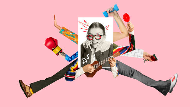 istock Surreal artwork. Woman with red glasses playing ukulele while talking, surrounded by dynamic arms and legs, symbolizing leadership, communication. 2201286772