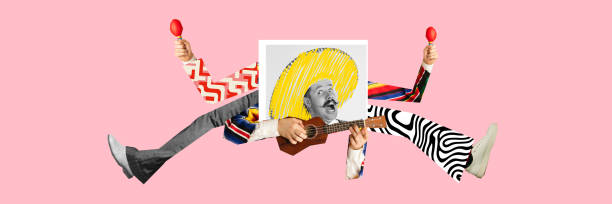 istock Surreal artwork. Man with yellow sombrero playing ukulele, surrounded by energetic limbs, representing charismatic leadership, cultural expression. 2201286780
