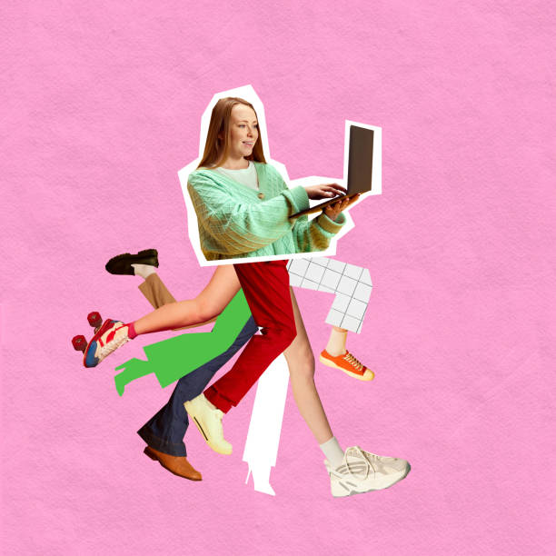 Modern artwork. Woman with multiple dynamic legs in different outfits, multitasking with laptop, symbolizing collaboration, and leadership.