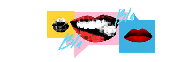 istock Abstract art collage. Conversation Mix. Various lips inside colorful speech bubbles, showing diversity of voices and interaction in information exchange. 2201288461