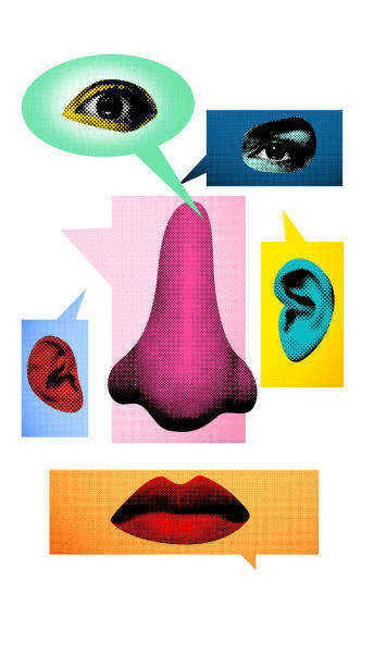 istock Abstract art collage. Sensation. Enlarged nose surrounded by speech bubbles with eyes, ears, and lips illustrates role of different senses in shaping conversations and perceptions. 2201288475