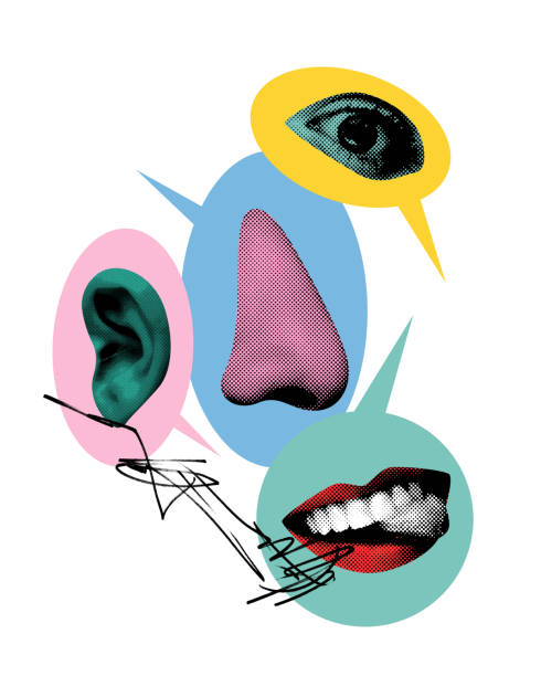 istock Abstract art collage. Chatter. Mouth, eye, and ear surrounded by speech bubbles with scribbled lines, illustrating noise and complexity of conversation. 2201288481