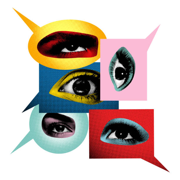 Abstract art collage. Multiple eyes in speech bubbles depict observation, curiosity, and exchange of perspectives, capturing essence of visual communication and perception. Concept of sharing ideas.