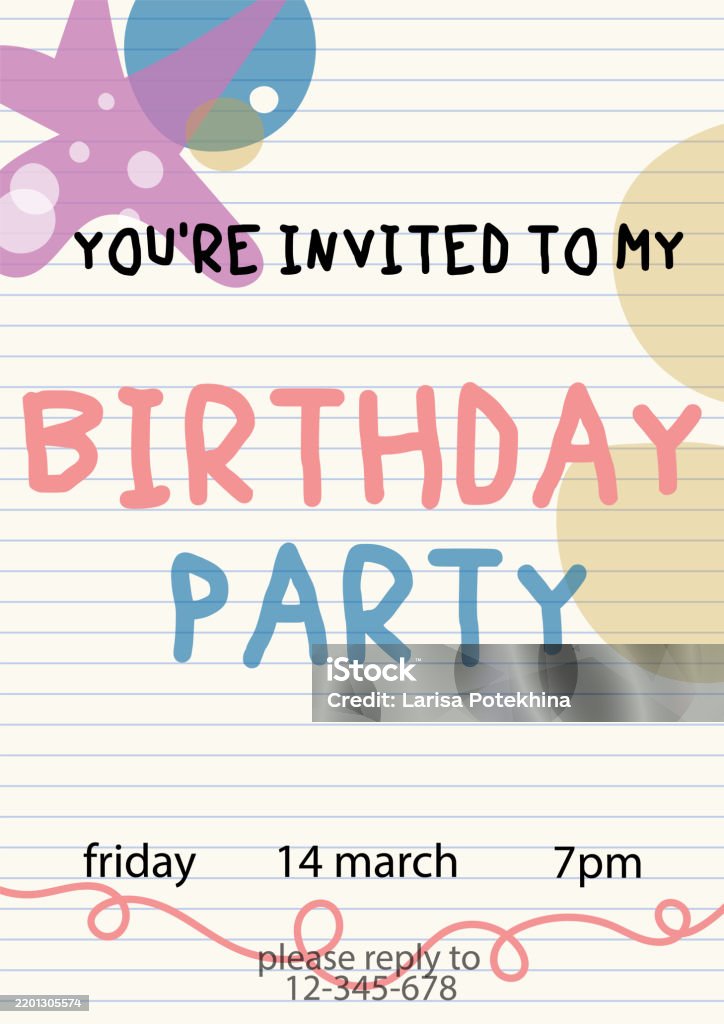 Birthday Line Paper Birthday Party Invitation Poster On Lined Handwriting Paper Sheet ...