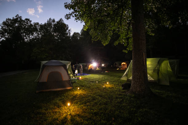 campground full of tents is illuminated at night