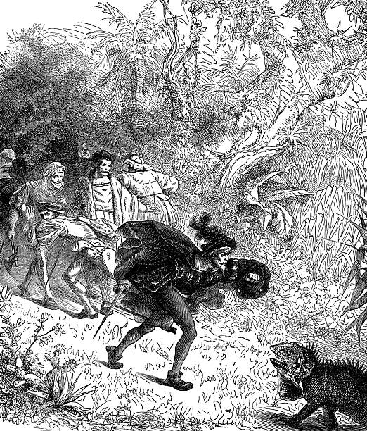 Christopher Columbus encounters a Northern Bahamian Rock Iguana on Long Island in the Bahamas (circa 15th century). Vintage etching circa 19th century.