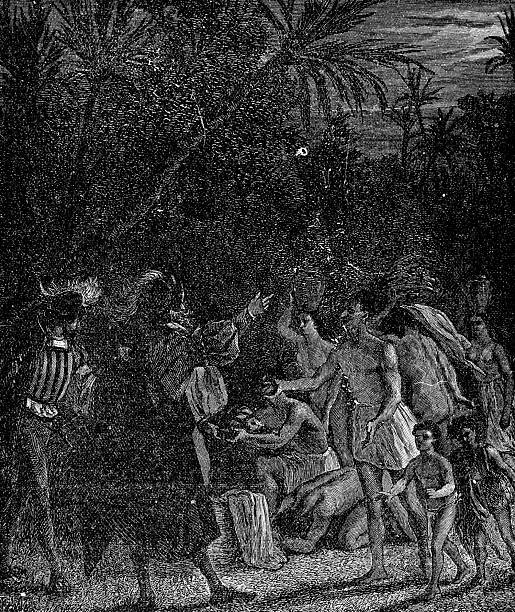 Christopher Columbus trying to communicate with the Lucayan people on the island of Guanahaní (circa 15th century). Vintage etching circa 19th century.