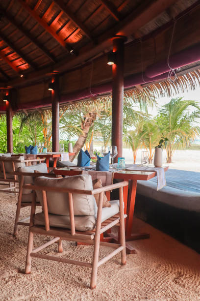 istock Elegant fine dining beach restaurant by the Sea with outdoor chairs and table setting in gourmet barefoot beach concept linen table setting and wood chairs 2201319833