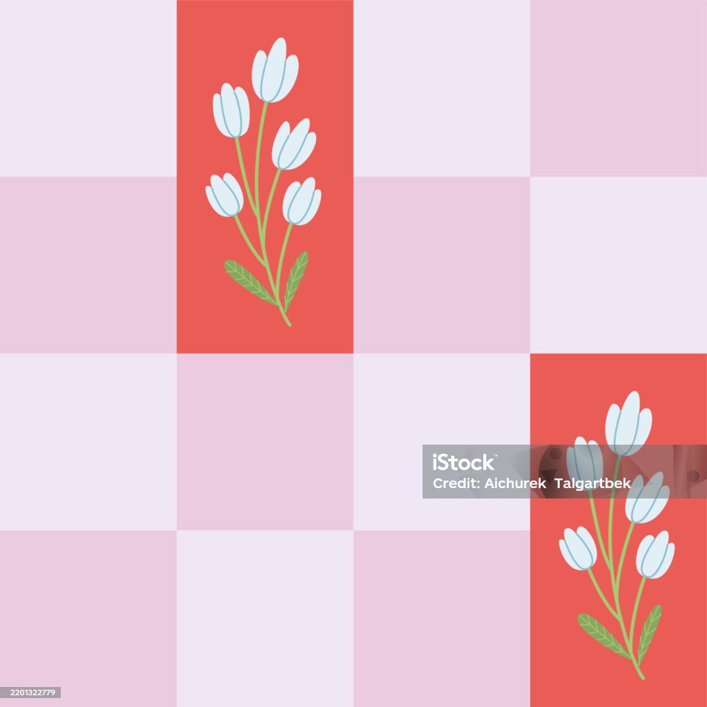 Cute Pattern Checkards Checkered Seamless Pattern With Cute Hand Drawn Flower Branch Trendy ...