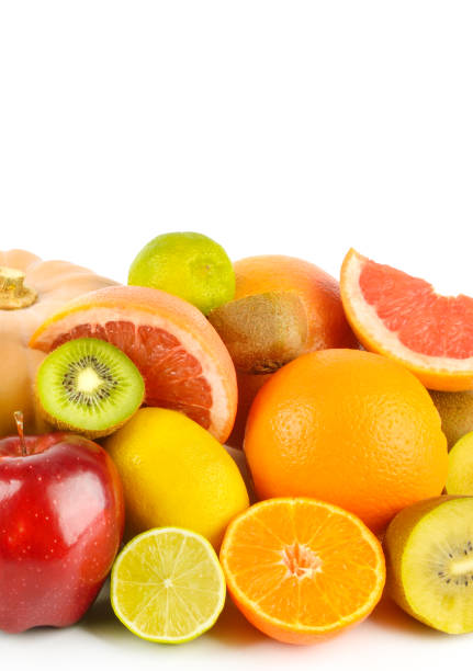 Set of fruits isolated on a white background. Free space for text. Vertical photo.
