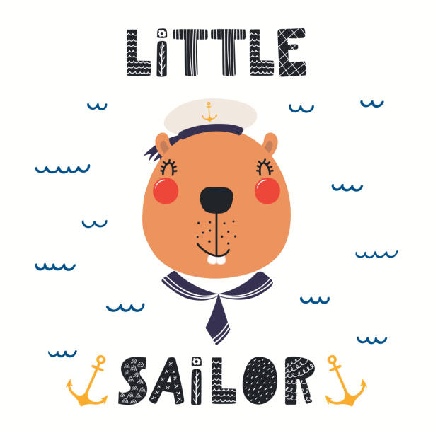 Cute beaver sailor Hand drawn vector illustration of a cute beaver sailor, with sea waves, lettering quote Little sailor. Isolated objects on white background. Scandinavian style flat design. Concept for children print. clip art of baby beaver stock illustrations