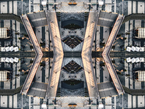 mirrored geometry lines and shapes, symmetry perspective intricate pattern, hi-tech abstract background with technology fractals. High quality photo