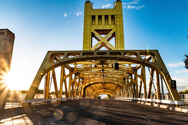 Looking Down Road of Tower Bridge in Downtown Sacramento, CA
