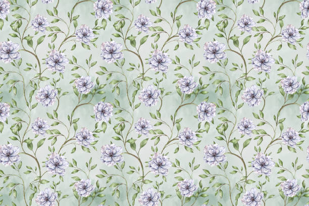istock Watercolor floral pattern for textile design, wrapping paper. Green leaves tree branches and white anemone flowers, wedding design, romantic ornament, floral botanical hand drawn illustration 2201337805
