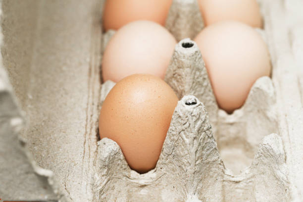 Environmentally friendly egg production. Baking ingredients. Natural chicken eggs - fresh, from the manufacturer. View from above. Free space for text.