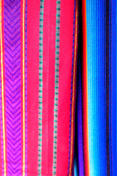 Bright, linear full frame abstract of hanging fabric. Panajachel, Lake Atitlan, Guatemalan Highlands.  Part of a series.