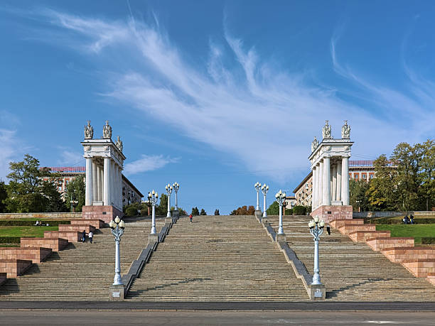 Volgograd, Russia. Propylaea and Central staircase of embankment of the Volga River in a sunny autumn day.