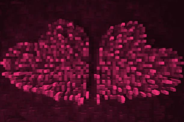 Pair of pixelated hearts made of blocks in purple tones.