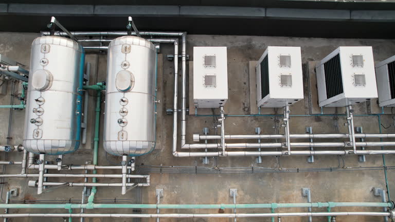 Aerial view of Industrial HVAC and piping system on the rooftop of the building. Aerial view of industrial rooftop HVAC and ventilation system. High-angle drone view of rooftop HVAC units, pipes, and ventilation system on an industrial building.