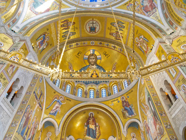 istock Ornate Byzantine church interior with golden mosaics 2201350114