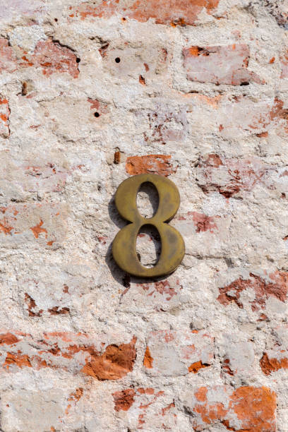 istock grunge exterior red brick Wall background with house number 8 2201350645