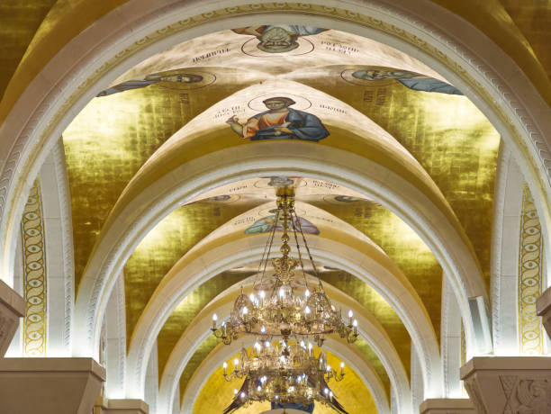 istock Ornate Church Ceiling with Arches and Chandelier 2201350739