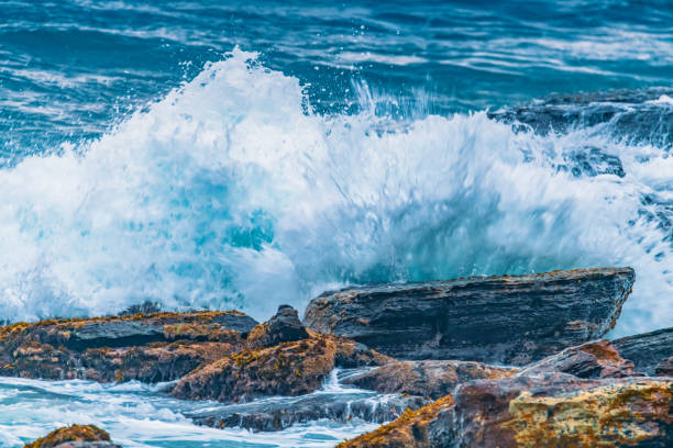 Overcast Sunrise Seascape with rocks and waves at Avalon on the Northern Beaches of Sydney, NSW, Australia.