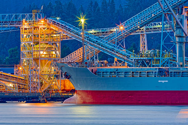 Oceangoing bulk carrier ship loading calcined petroleum coke along the Columbia River in Longview, Washington, USA.