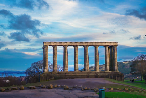 The National Monument of Scotland stands on Calton Hill, Edinburgh