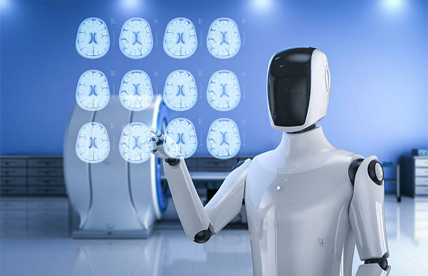 istock Medical technology concept with robot with x-ray brain display 2201365009