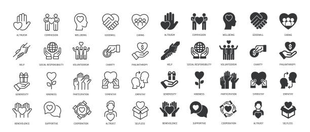 ilustrações de stock, clip art, desenhos animados e ícones de collection of altruism, charity, wellbeing, care thin line and glyph solid icon. editable stroke and perfect pixel isolated on transparent background - caridade e ajuda