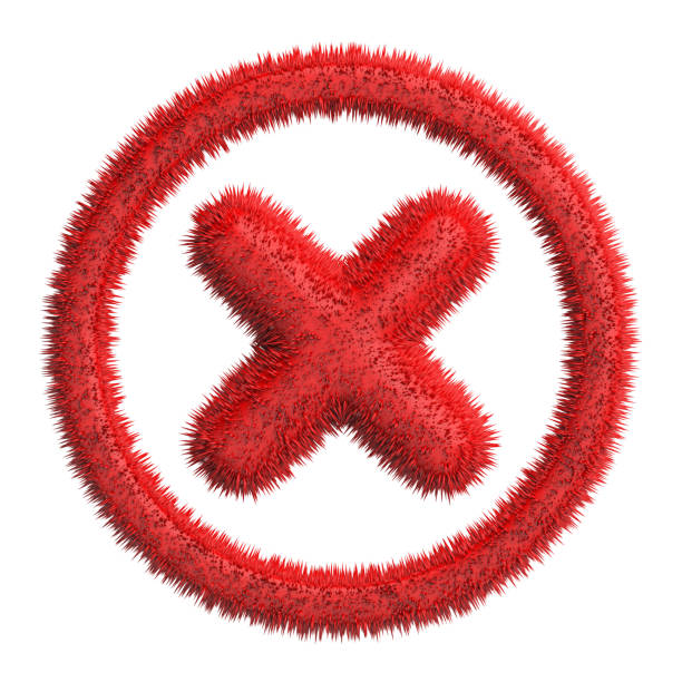 Letter symbol x or wrong mark red. The red error sign is full of sharp thorns. plastic material objects smooth glossy white background. Violence and injustice. Clipping path. 3D Illustration.