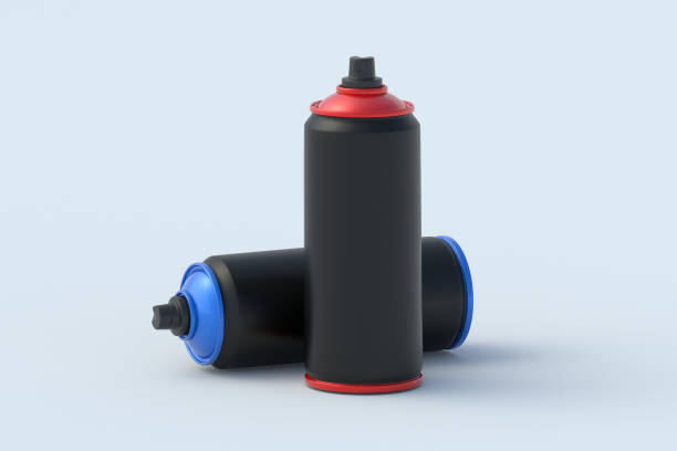 istock Two cans of spray paint on light gray background. Blank aerosol tin. 3d render 2201383661