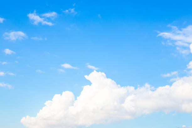 istock Light blue sky and white fluffy clouds. Celestial landscape, calm background 2201384387