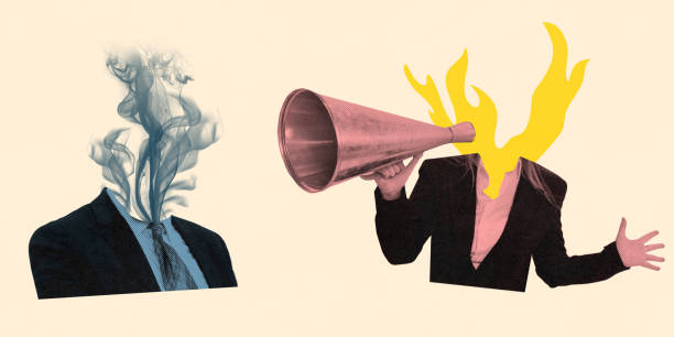Modern artwork. Businessman with head transformed into smoke facing woman with megaphone and head with fire symbolizing burnout and assertive leadership,