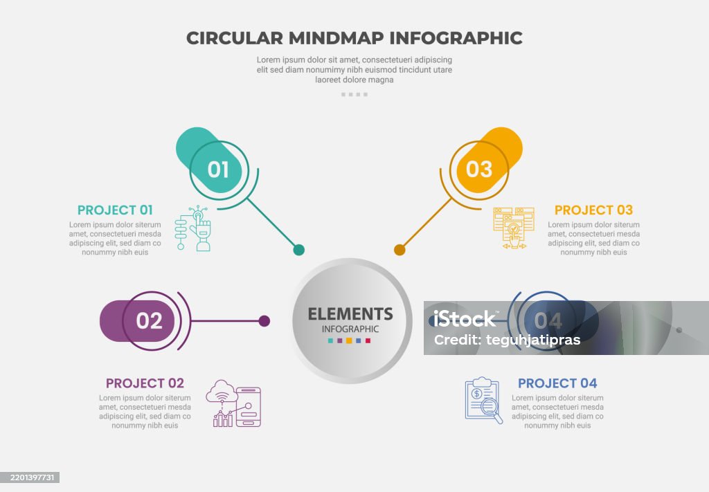 Circle Mind Map Javascript Circular Mind Map Infographic Outline Style With 4 Point Template With ...
