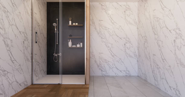 istock black and white brick scene bathroom with shower and Toilet and decoration on modern toilet room style .3D rendering 2201404607