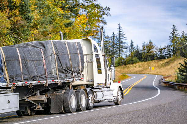 istock Industrial standard big rig white semi truck tractor with extended cab transporting covered and fastened cargo on flat bed semi trailer running on the winding mountain road with autumn trees 2201405598