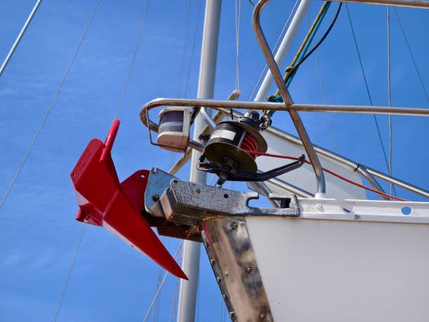 istock A bright red anchor is securely attached to the side of a sailing boat 2201412675