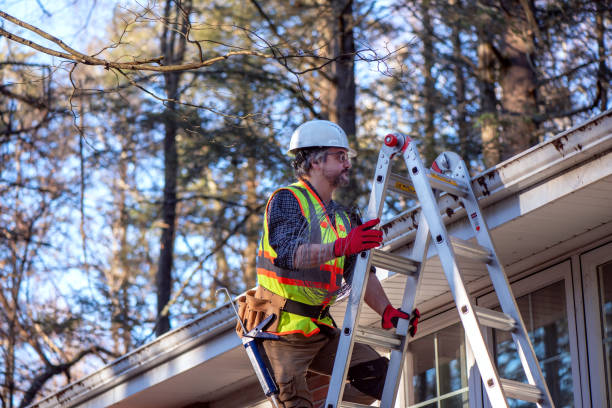 istock Mature worker wearing safety gear including hard hat, reflective vest waterproofs house exterior. Contractor on ladder performs maintenance at residential roofline. 2201414521