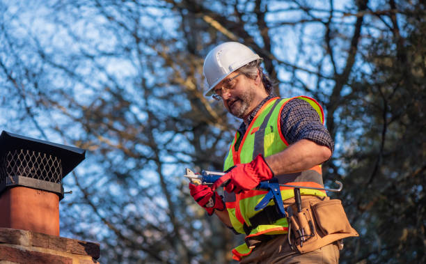 istock Male contractor  waterproofs roof components. Middle aged construction worker in safety gear performs maintenance on chimney 2201414525