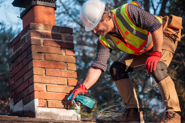 istock Water spraing on brick chimney. Preparation for cement work on residential rooftop 2201414531