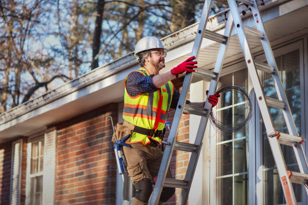 istock Middle aged worker on ladder waterproofs roof elements. Contractor repairs house exterior 2201414535
